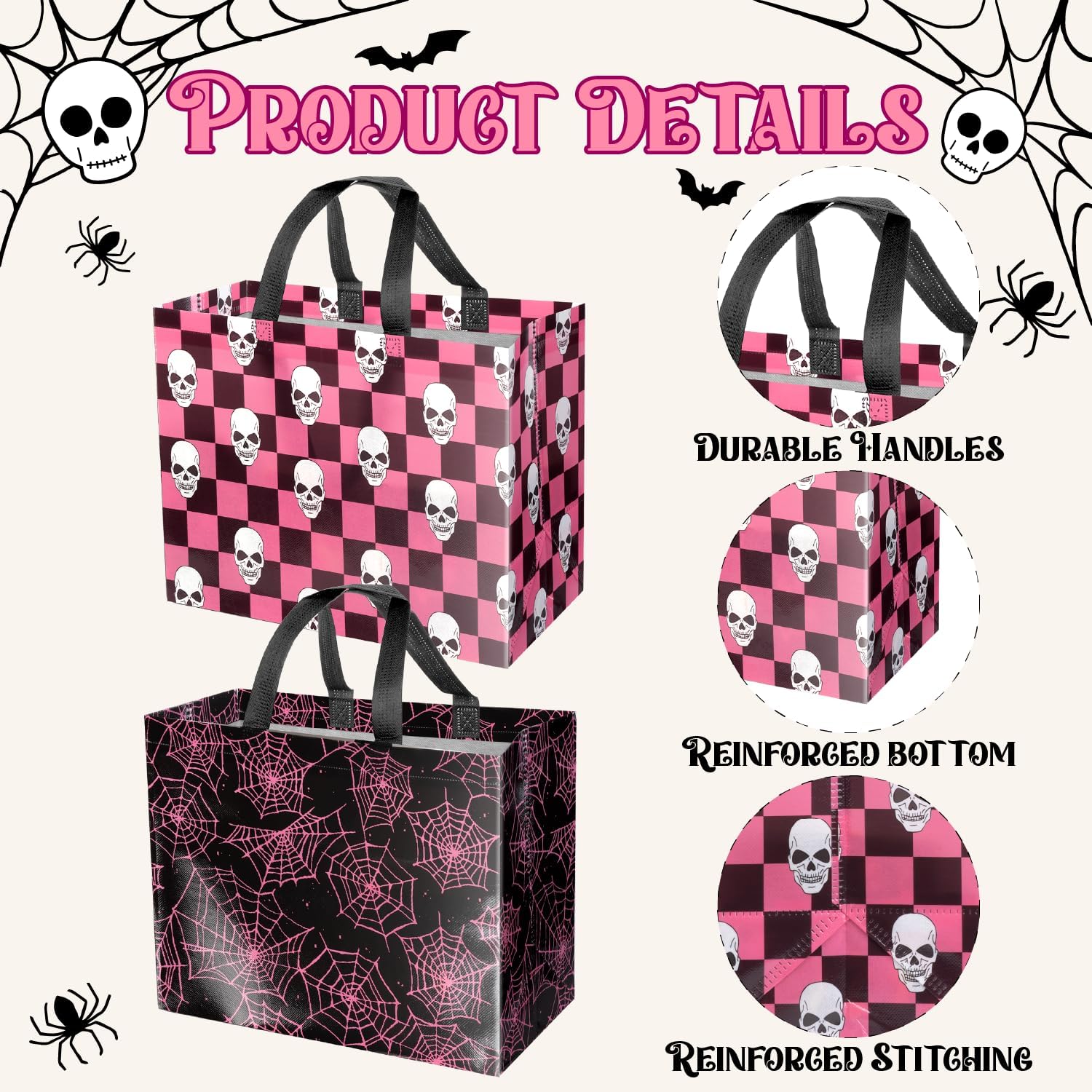 ysmile Halloween Skull Net Gift Bag with Tissue Paper for Men Women Boy Girl 12.6" 2 Pack Black Pink