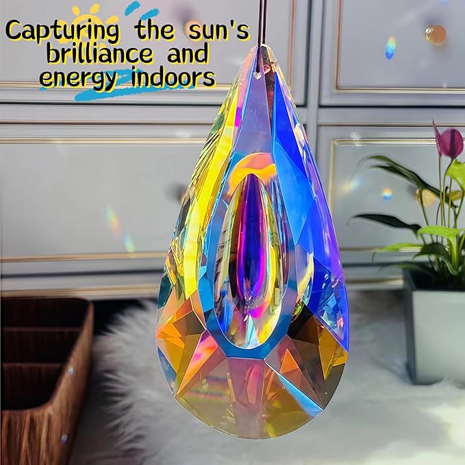 2 Pack Hanging Droplet Shape Chandelier Crystal Prisms（4.6‘’*2.1‘’） - Suncatcher Pendants for Windows, Chandelier Parts, Rainbow Maker - Create Colorful Light Reflections for Home, Garden, Christmas
