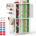 Wrapping Paper Organizer with Wheels, Metal Gift Wrap Storage Cart, Vertical Craft Organizer with 16 Slap Bands for Wrapping Paper Rolls, Wrapping Supplies Storage