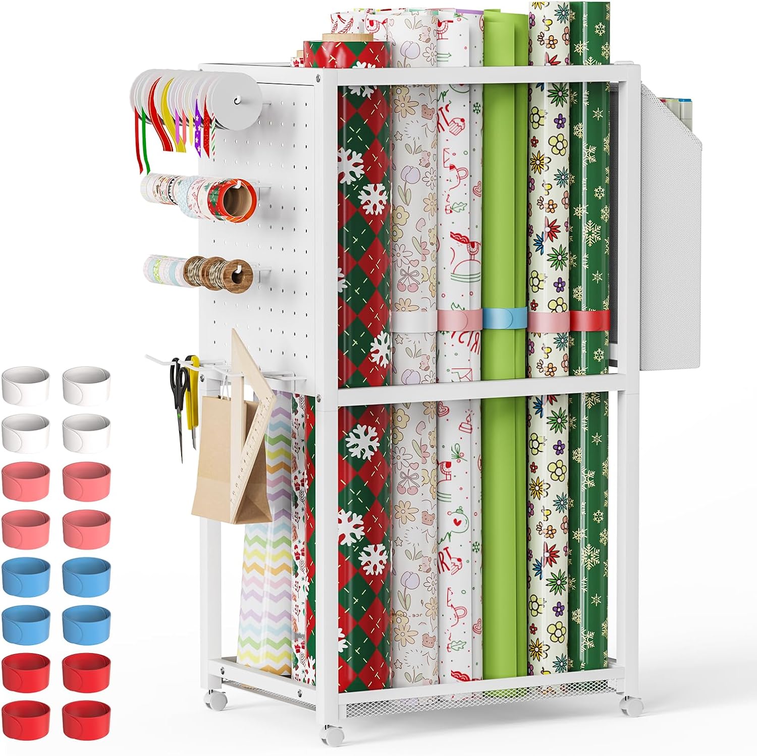 Wrapping Paper Organizer with Wheels, Metal Gift Wrap Storage Cart, Vertical Craft Organizer with 16 Slap Bands for Wrapping Paper Rolls, Wrapping Supplies Storage