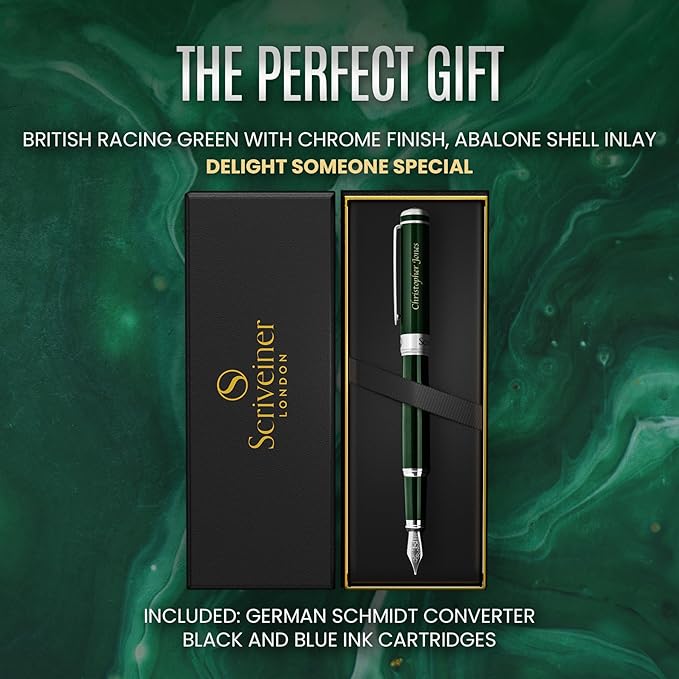 Scriveiner Personalized British Racing Green Pen - Stunning Green Lacquer Luxury Pen w/Chrome Finish, German Schmidt Nib (Medium), Best Engraved Fountain Pen Gift Set for Men & Women, Name Engraving