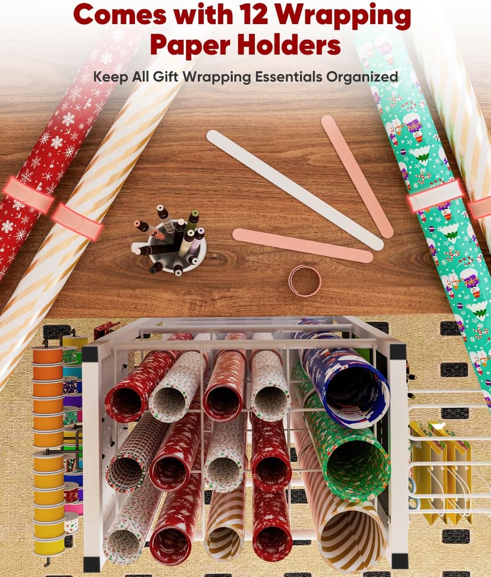 Wrapping Paper Storage Organizer with Wheels, Gift Wrap Storage Station with Ribbon and Gift Bag Storage, Rolling Craft Storage Cart with 12PCS Slap Bands, Christmas Decor, White