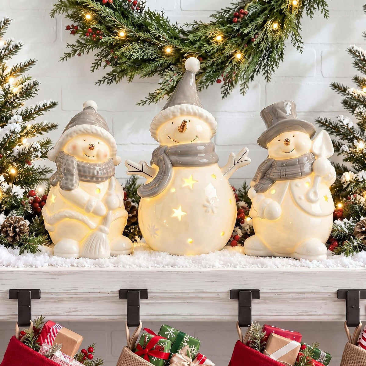 tujoe 3 pcs lighted ceramic snowman figurine white, main product view