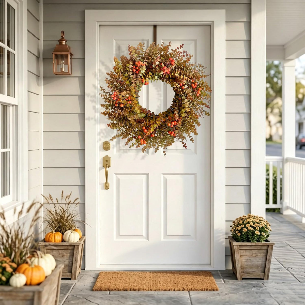 26" autumn fall eucalyptus wreath, front door burnt, view 9