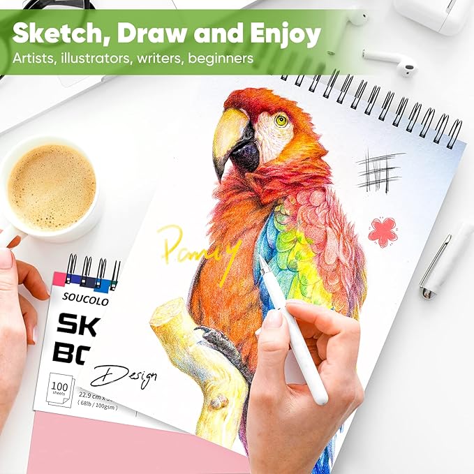 Art Supply Set - Sketching & Drawing Kit, Sketchbook Art Paper for Beginner Artists, Soucolor 9" x 12" Sketch Book, 2-Pack 100 Sheets Spiral Bound Sketchbook, Acid Free