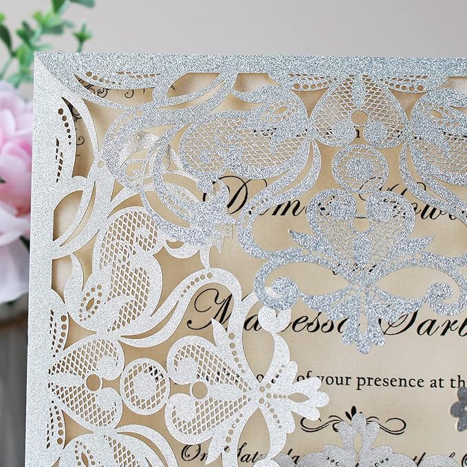 Hosmsua 50PCS Personalized Silver Glitter Laser Cut Wedding Invitation Cards With Envelopes 6.3 x 6.3 Inch Hollow Lace Rose Pocket and for Quinceanera Wedding Invite (Silver Glitter)