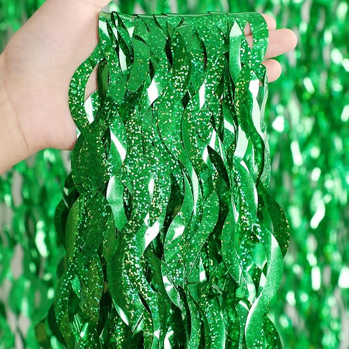 Green Foil Backdrop Curtain - CYLMFC 3 Pack 3.3 ft x 6.6 ft Birthday Streamers Party Curtains Decorations Backdrop Xmas Graduation Decor