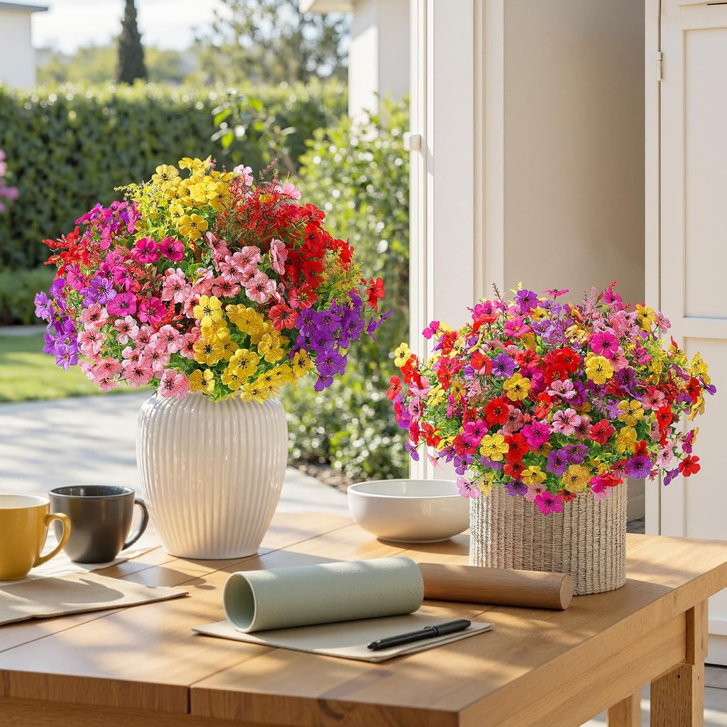 SHareconn 24 Bundles Artificial Flowers for Outdoors Decoration, Faux Plants Fake Silk Colorful Daisy Eucalyptus Lavender, UV Resistant for Outside Home Porch Patio Indoor Spring Decor, Mix 5 Colors