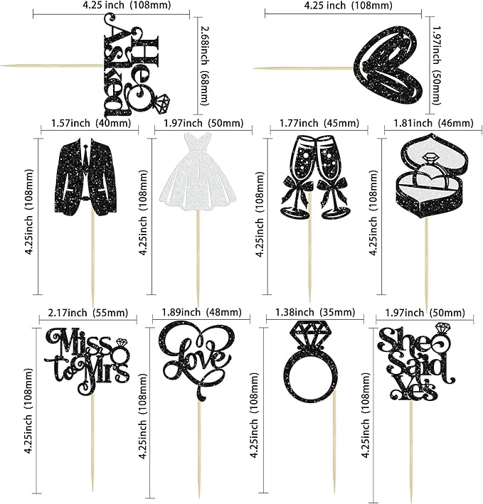 Gyufise 30Pcs She Said Yes Cupcake Toppers Glitter Diamond Ring I Do Love Cupcake Picks Miss to Mrs He Asked Bridal Shower Wedding Engagement Bachelorette Cake Decoration Black