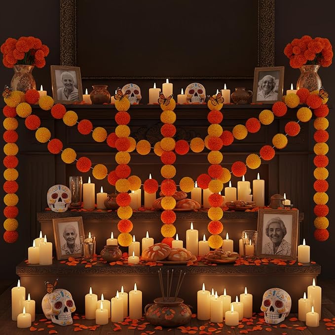 Marigold Garland for Decoration 5 Packs × 5ft Artificial Marigold Garlands Vibrant Orange Yellow Faux Flowers Includes 10 Butterfly Accents for Diwali Pooja Wedding Indian Decor
