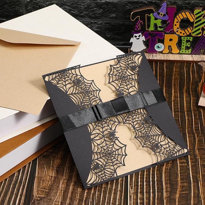 Halloween Party Invitations Cards, 10 Pcs Laser Cut Spider Web Design with Bowknots and Envelopes, Black and White