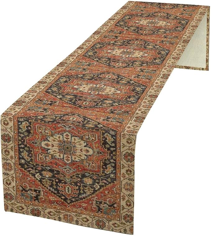 Vintage Boho Floral Table Runner, Rustic Country Farmhouse Orange Black Retro Flower Pattern for Home Kitchen Table Decor Dining Coffee Room Party Decor 13x72in