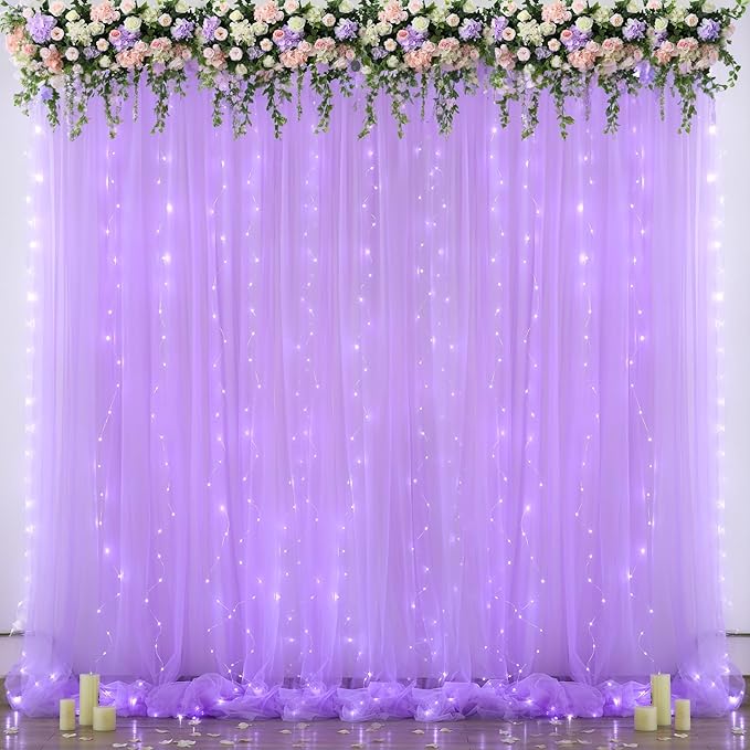Lavender Tulle Backdrop Curtain with Led Lights for Wedding Baby Shower Girls 10ft X 8ft Lilac Lavender Sheer Backdrop Curtain for Birthday Party Bridal Shower Photoshoot Background Decorations