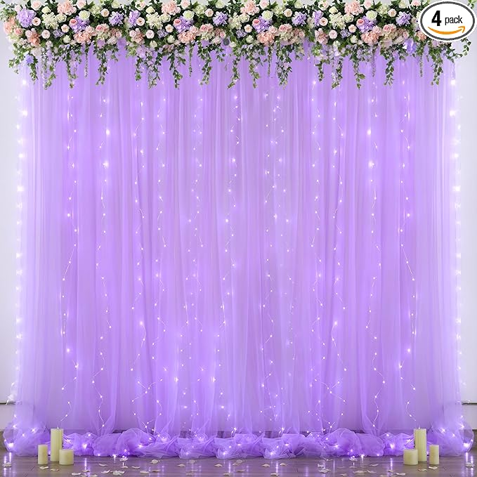 Lavender Tulle Backdrop Curtain with Lights String for Wedding Baby Shower 20×8ft Lavender Sheer Backdrop Curtain for Bridal Shower Birthday Party Photoshoot Background Decorations(4 Panels 5×8ft)