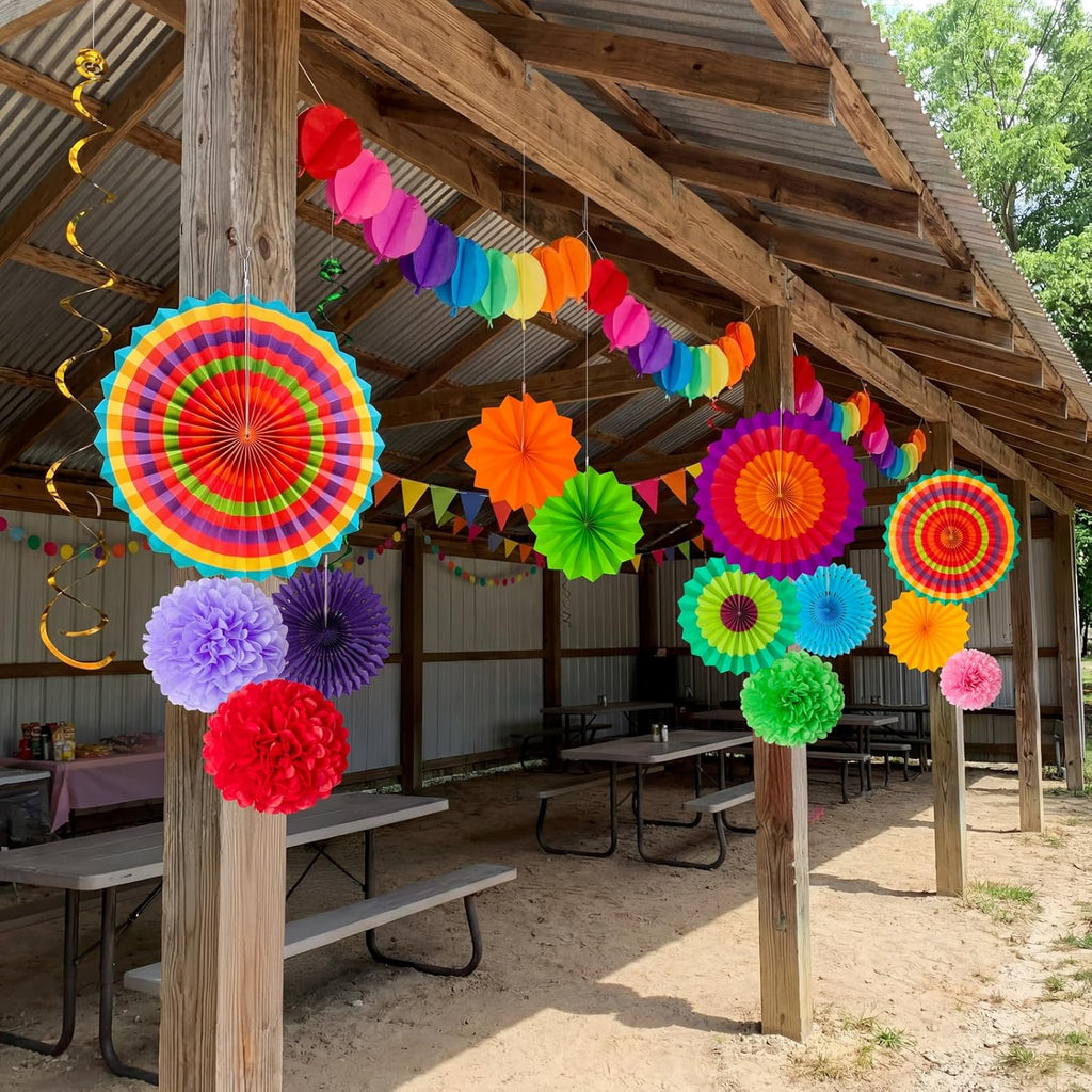 35PCS Fiesta Paper Fan Party Decorations Set | Cinco De Mayo Pom Poms, Pre-assembled Pennant, Garland String & Banner, Hanging Swirls, Hispanic Heritage Month Decor