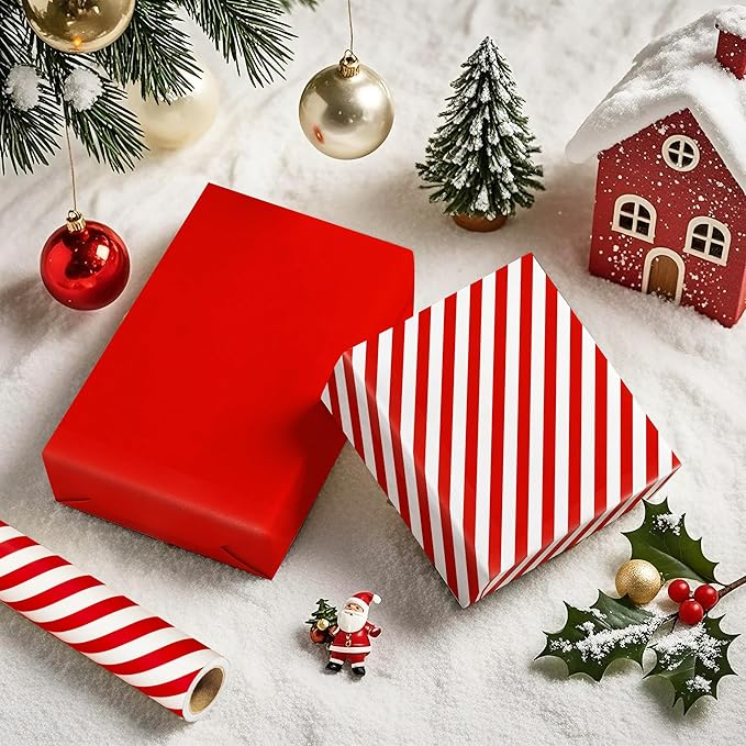 WRAPAHOLIC Reversible Wrapping Paper - Mini Roll - 17 Inch x 33 Feet - Red and Stripes Design for Christmas, Birthday, Holiday, Wedding, Baby Shower
