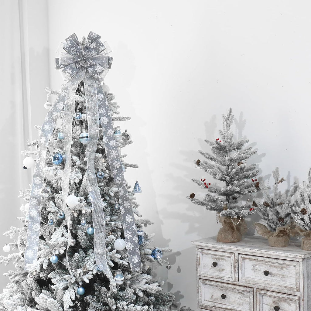 Christmas Tree Topper, Bow Large Christmas Bow Tree Topper, for Xmas Ornament Holiday Home Wedding Thanksgiving Indoor/Outdoor Decoration (Grey Silver)