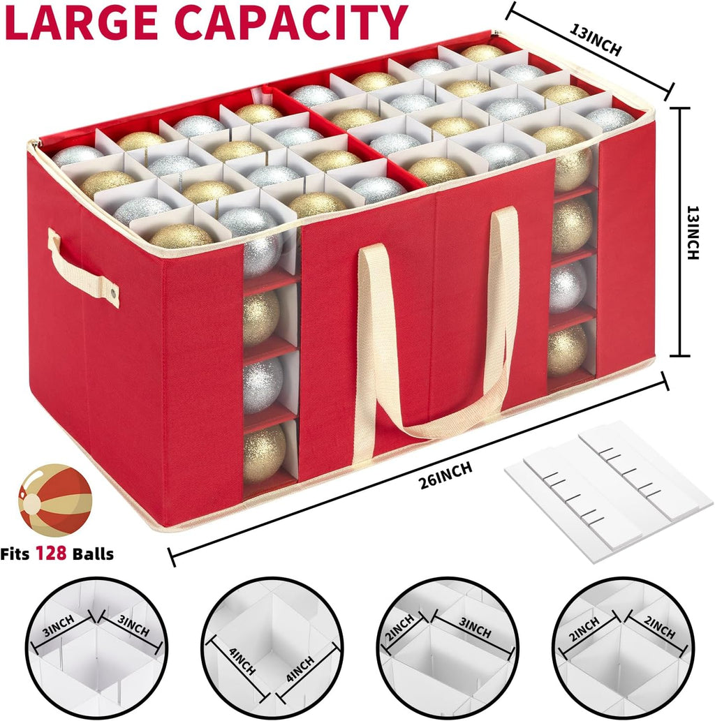 DIMESHY Large Christmas Ornament Storage Box With Adjustable Dividers,Ornament Storage Container with Two Handlesfor 128 Holiday Decorations,Red