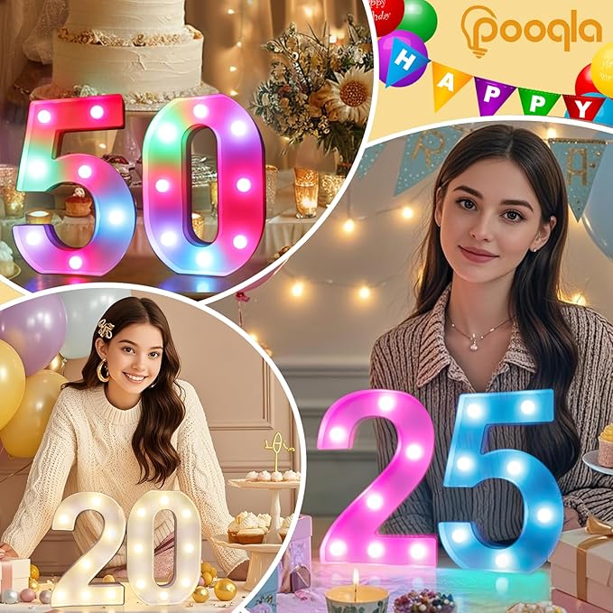 Pooqla 70th Birthday Decorations for Her Him, 35 Colors LED Light Up Numbers with Remote, Multicolor Marquee Numbers 70 Sign for Party Wedding Anniversary Decor 70th Birthday Gift, Number 70