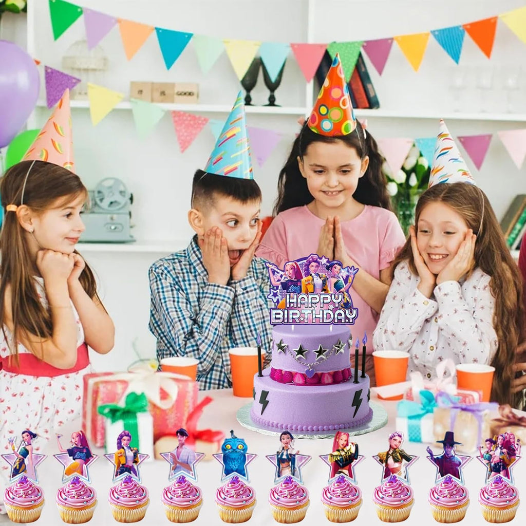 Demon Movie Hunters Birthday Cake Topper, Cute Anime Cake Decorations Include 1Pcs Happy Birthday Cake Topper and 20Pcs Cupcake Topper for Cartoon Party Decorations
