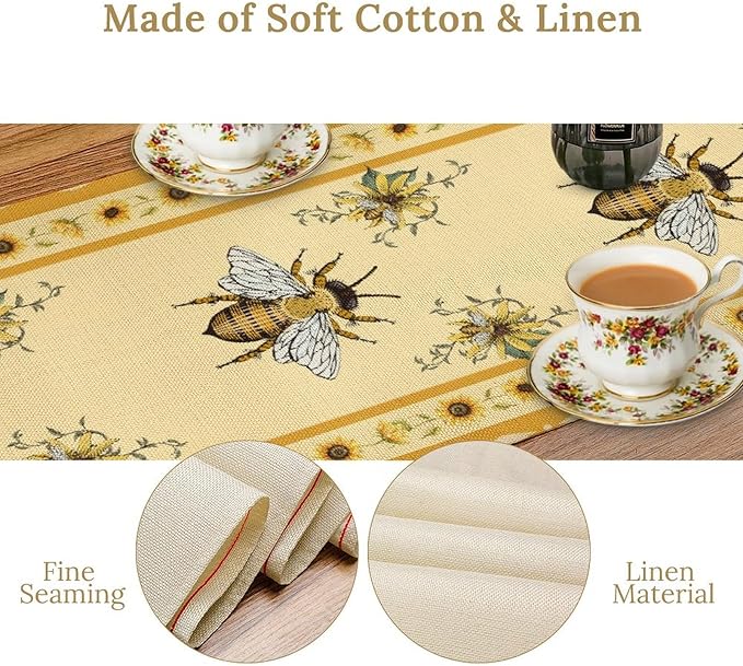 Honey Bee Table Runner, Farmhouse Yellow Sunflower Retro Summer Linen Tables Runners for Kitchen Dining Table Home Party Decor, 13x36inch
