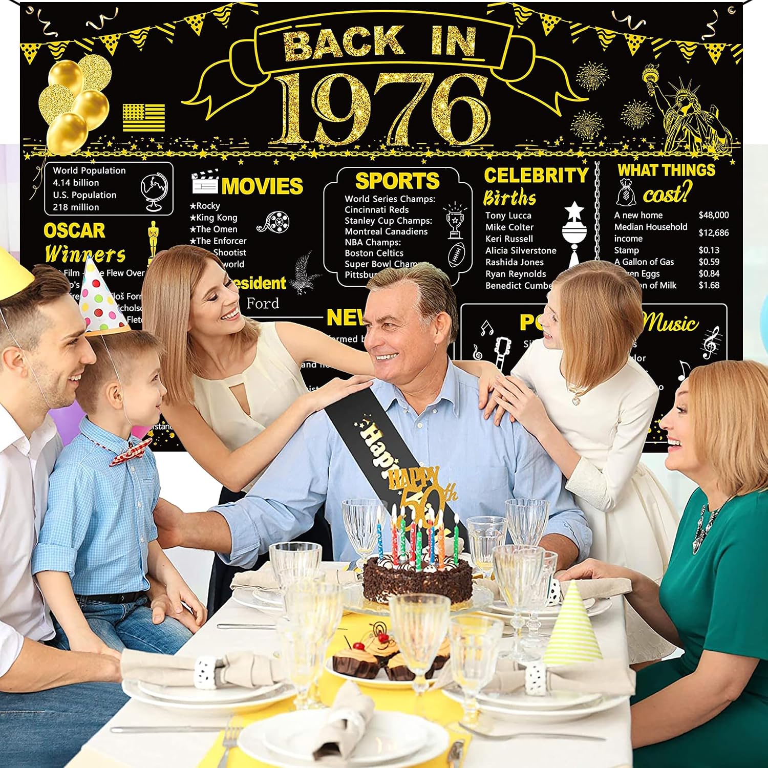 DARUNAXY 50th Birthday Black Gold Party Decoration, Back in 1976 Banner 50 Year Old Birthday Party Poster Supplies Vintage 1976 Backdrop Photography Background for Men & Women 50th Class Reunion Decor