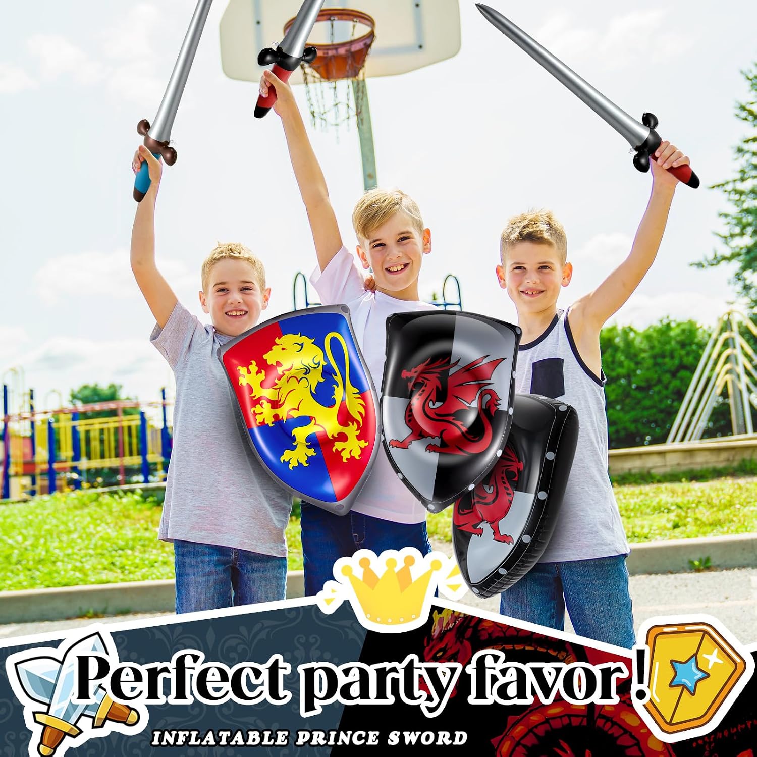 Poen 12 Pcs Inflatable Sword and Shield Knight Party Favors Set Blow up Medieval Sword Shield for Prince Party Favors Decorations Cosplay Accessories (Lion,Dragon)