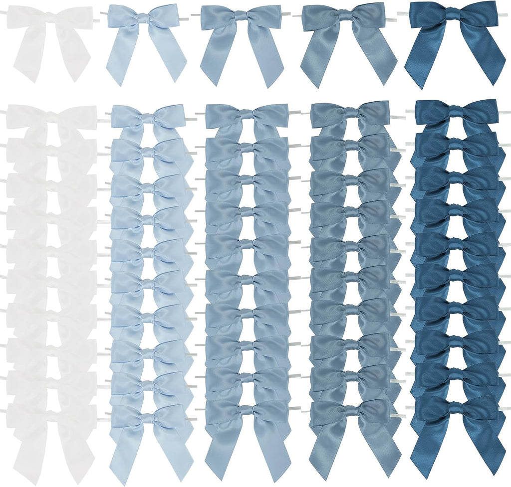 AIMUDI 5 Colors Dusty Blue Twist Tie Bows 3.5" Premade Blue Satin Ribbon Bows for Gift Wrapping Pre-Tied Treat Bows for Wedding Decor, Bridal Shower, Baby Shower, Wreaths, Party Favors - 50 Counts