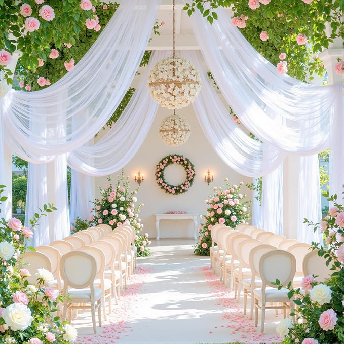 White Arch Draping Fabric for Wedding, 2 Panels 60" x 26Ft Chiffon Drapery Fabric Drapes Backdrop for Wedding Ceremony Baby Shower Bridal Shower Decoration