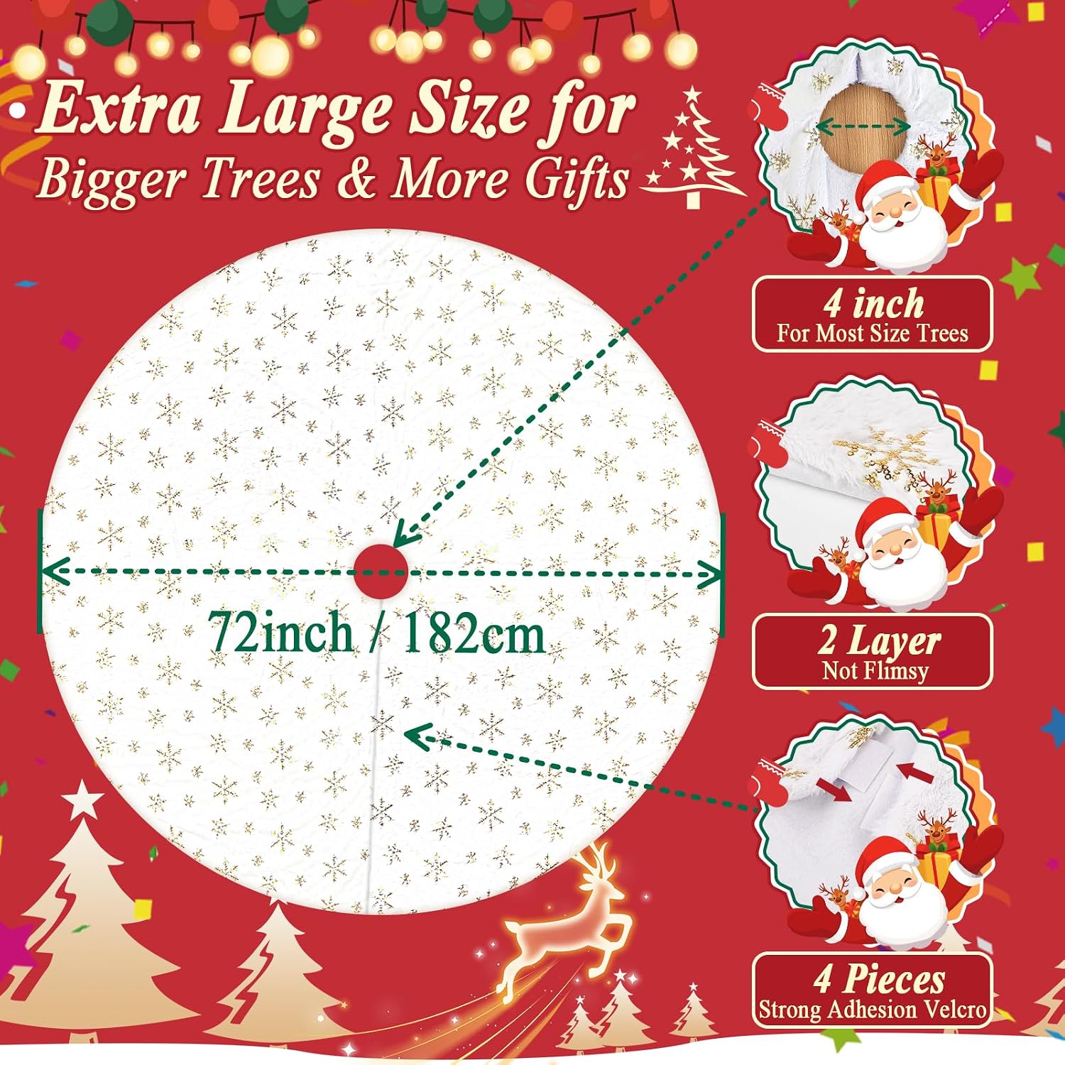 72 Inches Christmas Tree Skirt for Xmas Tree Holiday Party Decorations White Plush Gold Sequin Snowflake