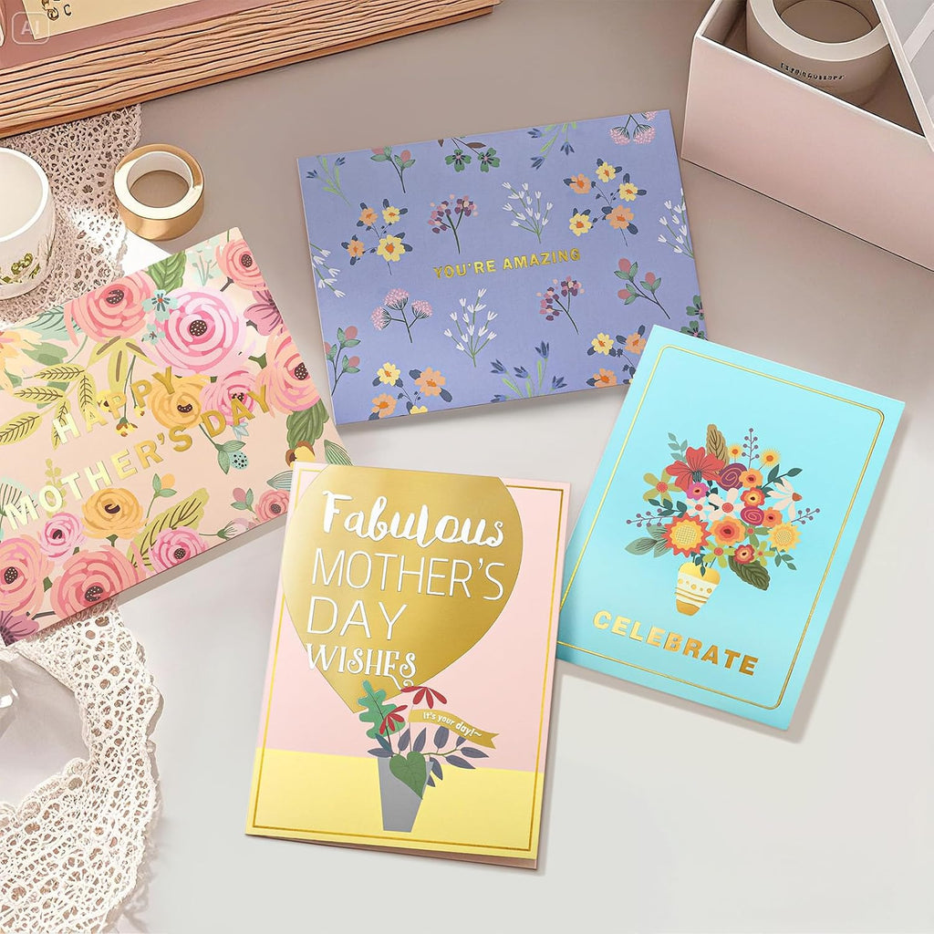 EACYART Mothers Day Cards Assortment, 20 Pack Mother’s Day Cards Boxed with Envelopes & Stickers, Bulk Cute Gold Foil Card for Mom, Mothers Day Gifts