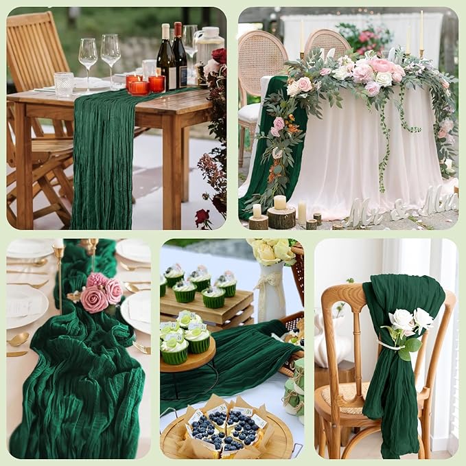 Asee'm 6PCS Table Runner Cheesecloth 10FT Emerald Green Boho Gauze Fabric Rustic Sheer Cheese Cloth Runners for Wedding Bridal Shower Party