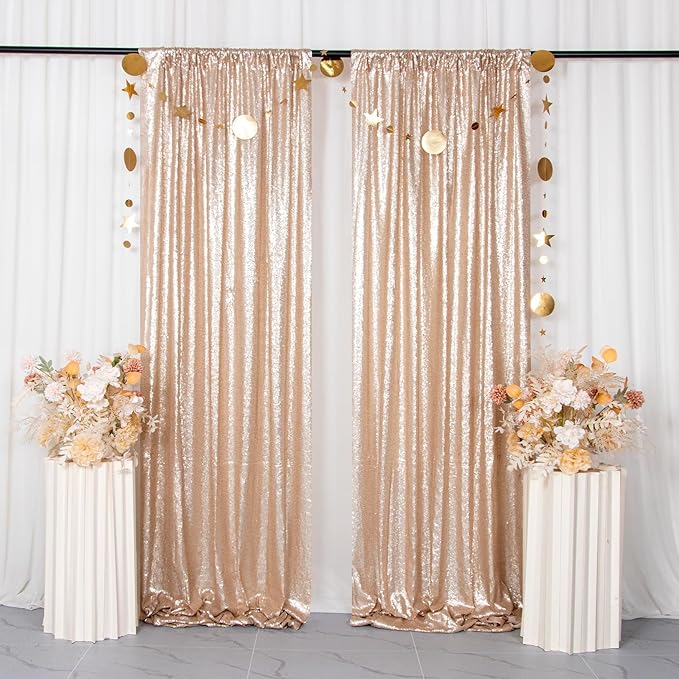ShinyBeauty Champagne Backdrops 2 Pieces Sequin Curtains 4FTx7FT Photograph Backdrop Shimmer Curtain Panels Sparkle Fabric Glitter Background for Party Wedding Holiday New Year Decor