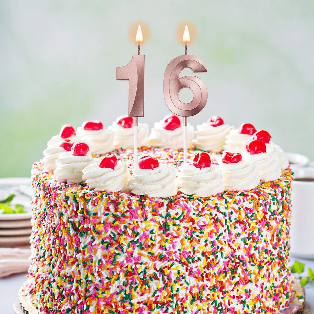 BBTO 16th & 61st Birthday Candles Number Candles Cake Topper Decoration for Birthday Wedding Anniversary Celebration Supplies(Rose Gold)