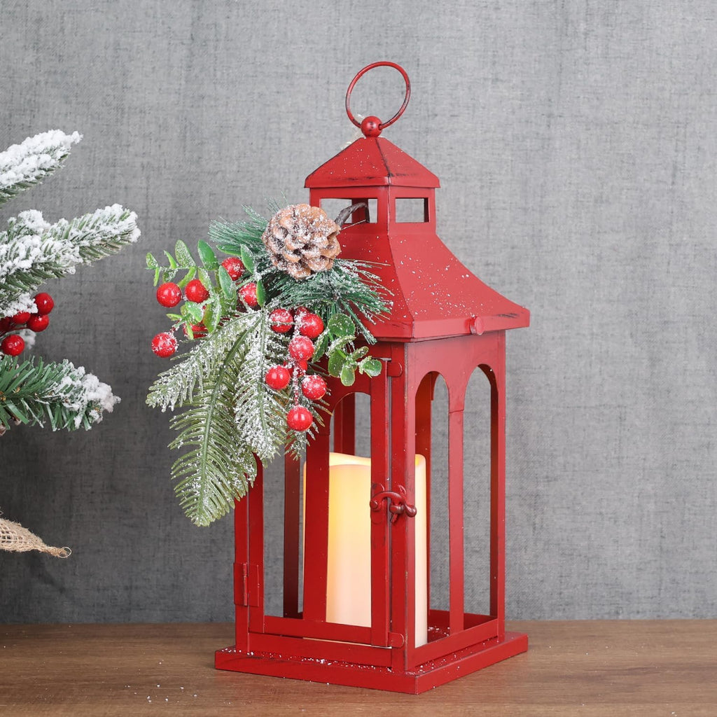 Christmas Decorations for Home, Decorative Christmas Lantern Indoor Outdoor Decor, Metal Hanging Candle Holder with Xmas Teardrop Wreath and LED Candle for Table Centerpieces, Patio (Red)