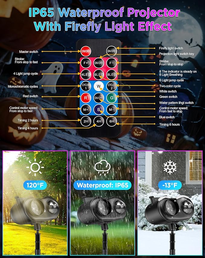 Halloween Christmas Projector Lights Outdoor, 8 Brighter HD Holiday Patterns with Firefly & Ocean Wave Effects, 10 Slides, Waterproof Snowflake Projector with Timer for House Garden Yard Xmas New Year