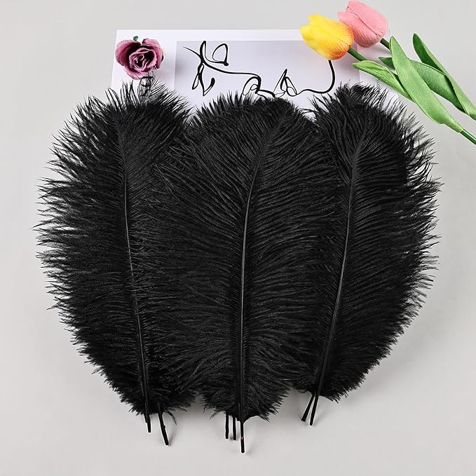 THARAHT Black Ostrich Feathers 12pcs Natural Bulk 10-12Inch 25cm-30cm for Crafts Wedding Party Centerpieces Halloween and Home Decoration Feathers