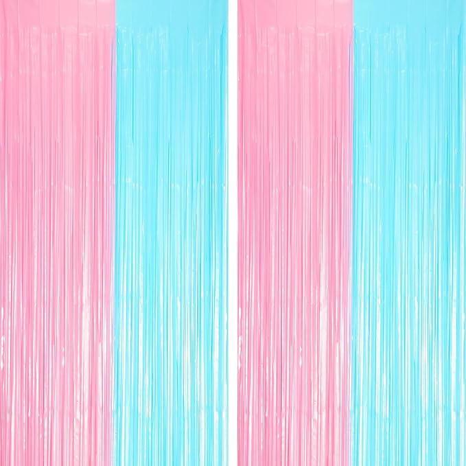 2 Pack Pastel Blue and Pink Foil Fringe Backdrop Curtains, Tinsel Streamers Party Decorations, Fringe Backdrop for Gender Reavel, Baby Shower Party