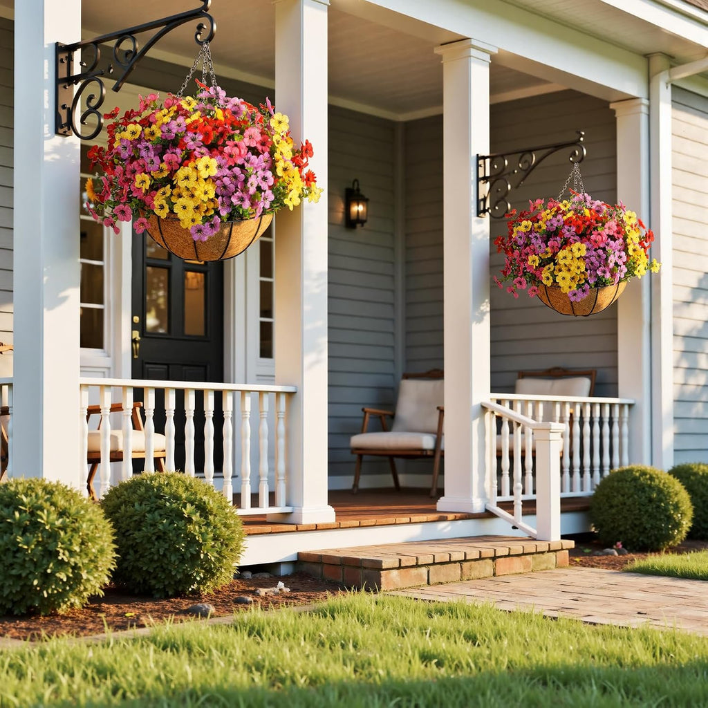 Artificial Outdoors Flowers with Hanging Basket, UV Resistant Fake Hanging Flowers, Faux Silk Plants with Planters for Porch Home Patio Balcony Yard (Rose Red, Purple, Yellow, Red)