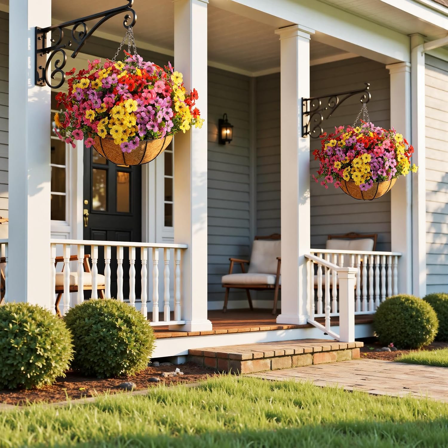 Artificial Outdoors Flowers with Hanging Basket, UV Resistant Fake Hanging Flowers, Faux Silk Plants with Planters for Porch Home Patio Balcony Yard (Rose Red, Purple, Yellow, Red)