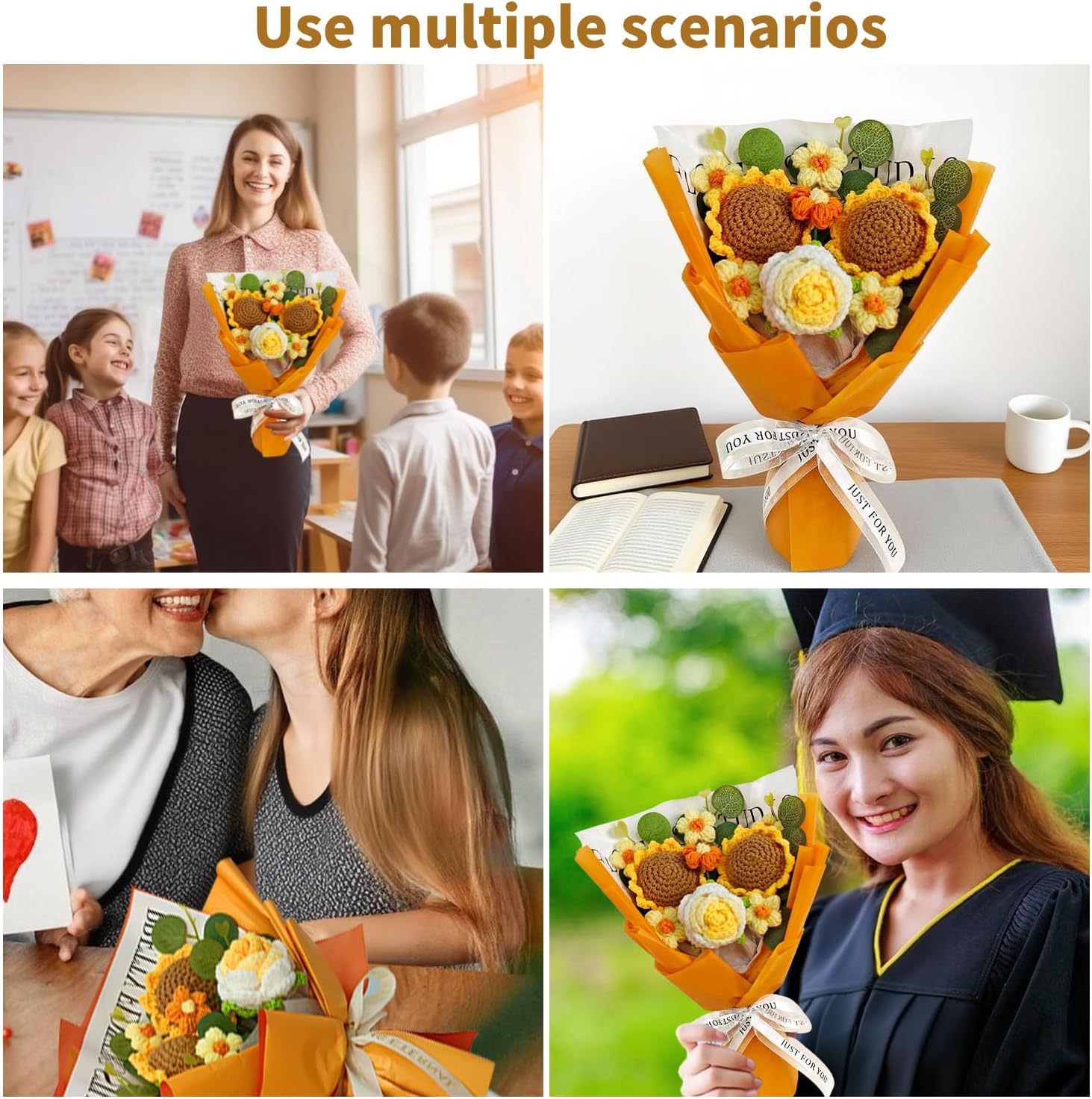 Crochet Flower Bouquet, Handmade Sunflower, Rose, and Daisy Combination, Perfect for Mother's Day, Wedding, Birthday,Anniversary, Home Decor, Ideal Gift for Women, Mom, Wife, and Friends (Orange)
