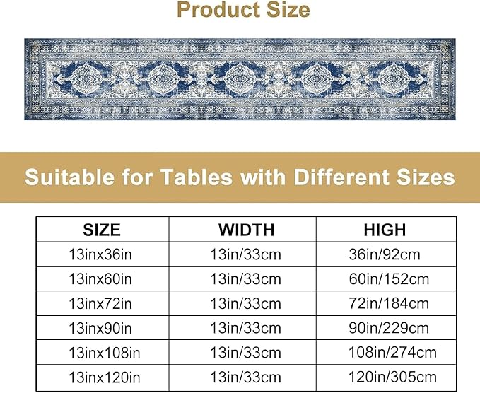 Vintage Boho Floral Table Runner, Rustic Country Farmhouse Blue Teal Retro Flower Pattern for Home Kitchen Table Decor Dining Coffee Room Party Decor 13x90in