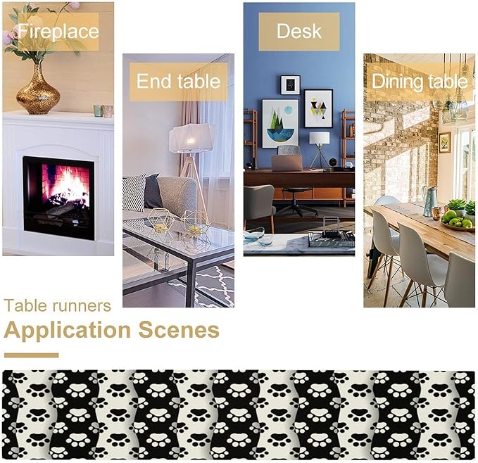 Dog Paw Table Runner,Kid Cute Animal Footprint Black White Theme Design Print Tablecloth Burlap for Hotel Indoors Outdoor Dining Room Kitchen Home Decor,W13X L36 in