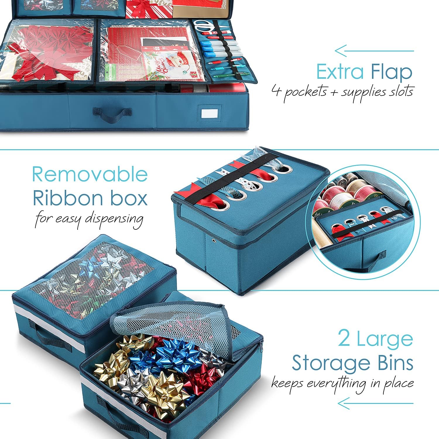 Hearth & Harbor Wrapping Paper Storage Container with Ribbon Dispenser and Interior Pockets - Large Christmas Storage Containers with Wheels, Fits 30 Rolls of 40" Length, Blue