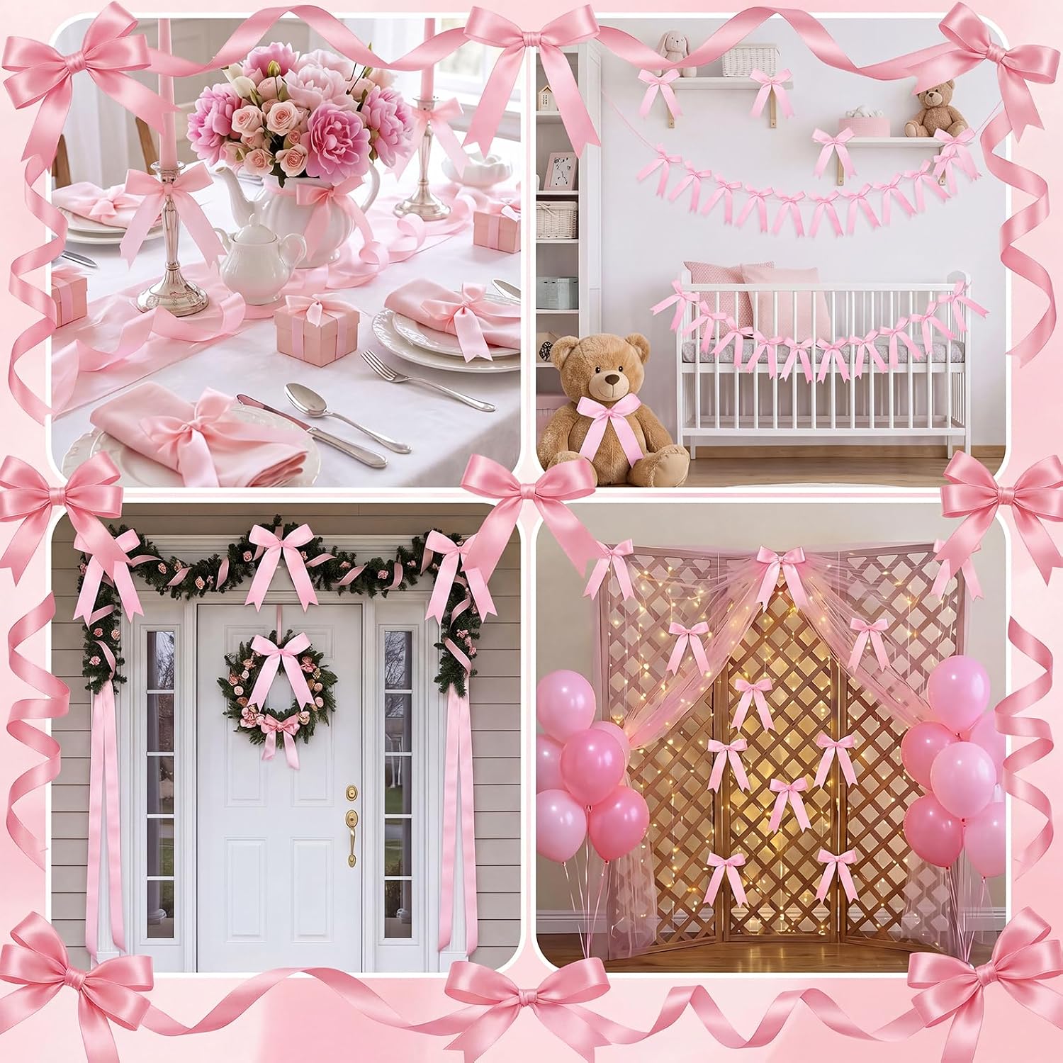 2 Pcs Pink Bow Garland Banner, Pre-Strung Pink Satin Ribbon Bow Garland Coquette Birthday Decorations for Classroom Decor Wedding Birthday Baby Shower