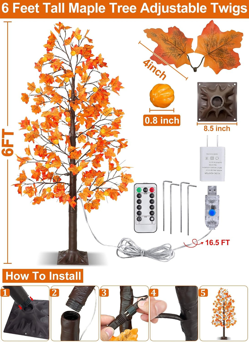 remote control&timer - 6 ft lighted prelit fall showing dimensions