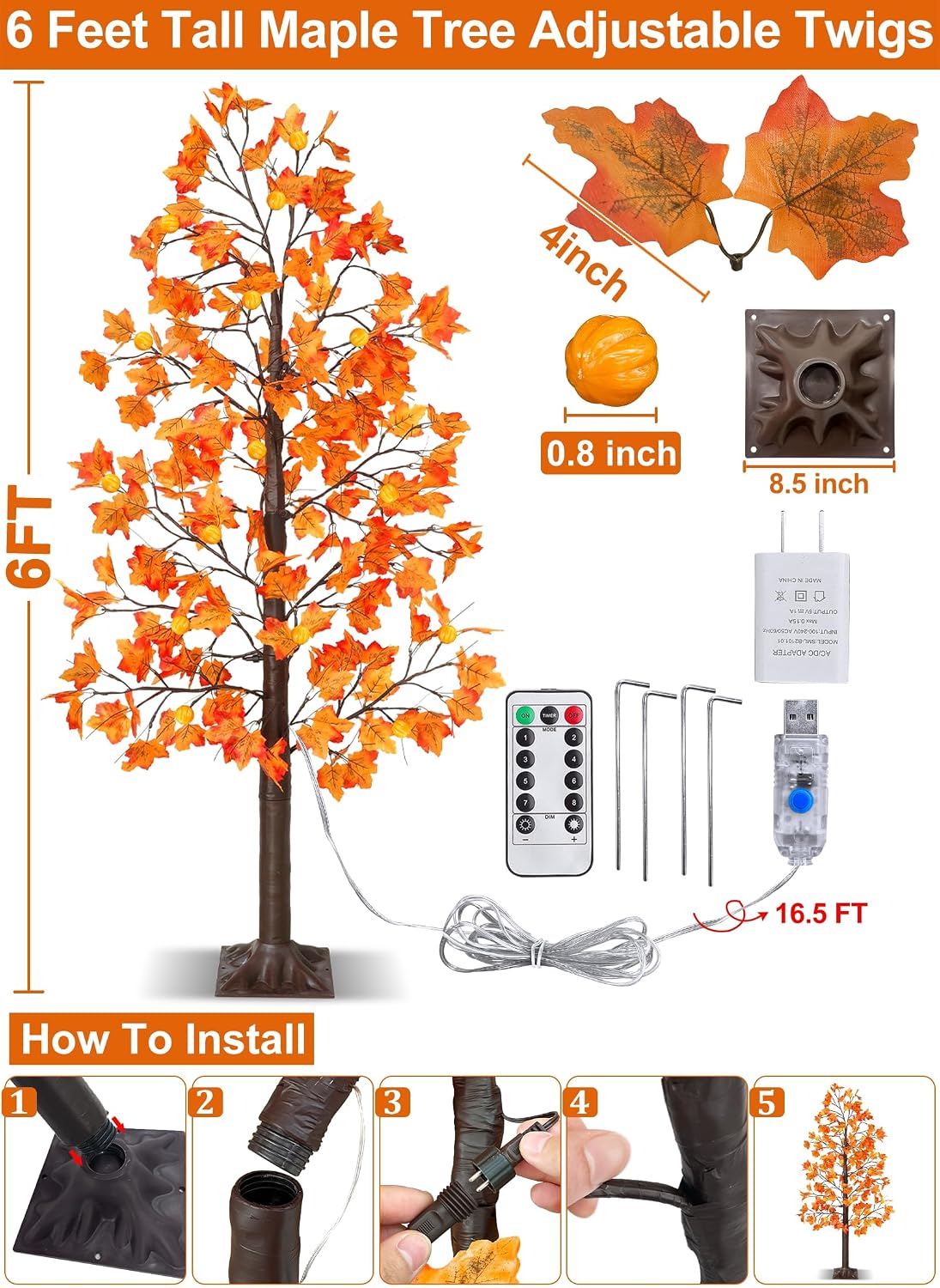 remote control&timer - 6 ft lighted prelit fall showing dimensions