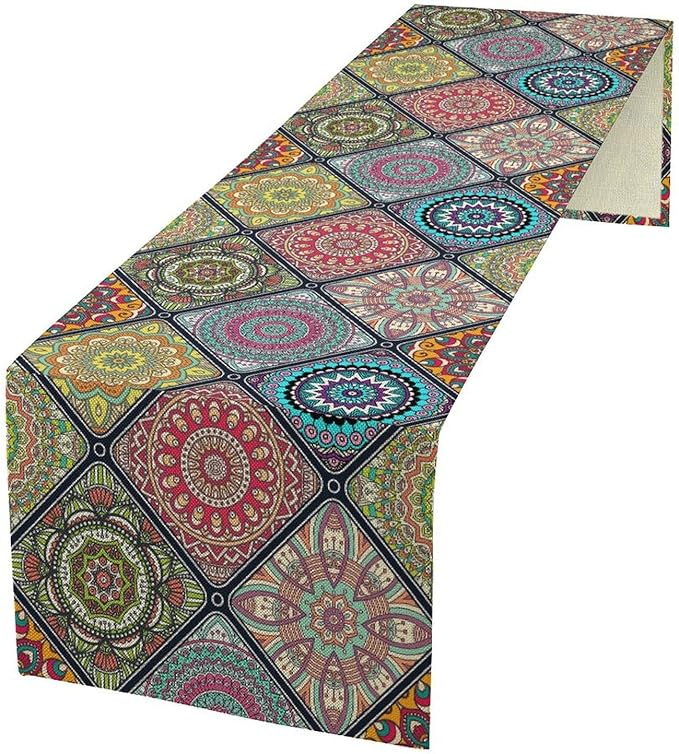 Boho Bohemian Table Runner, Vintage Indian Floral Print Table Cover for Farmhouse Kitchen Dining Table Decor Holiday Party, 13x60inch