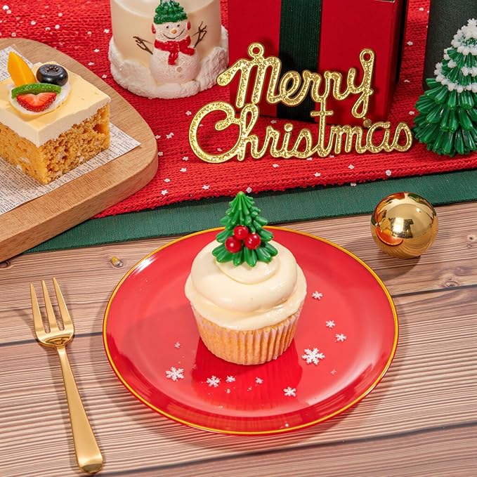 Festiva 200Pcs Red Gold Dessert Plates 6.3" with Plastic Forks 5"-Small Disposable Plates- Dessert/Cake/Appetizer Plastic Plates include 100Plates 100Forks for Christmas Party&New Year