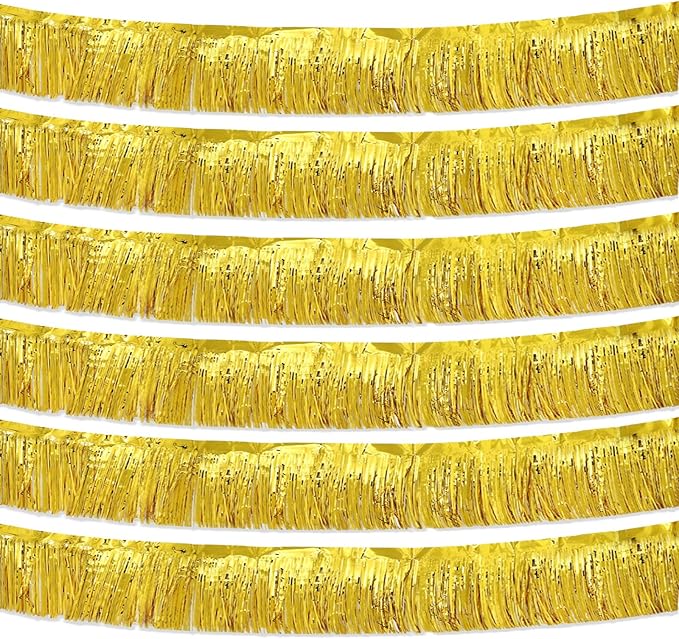 Gold Foil Fringe Garland 10FT 6packs, Metallic Foil Tinsel Fringe Banners for Parade Float Decorations Wedding, Birthday Party Graduation (six Gold)